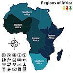 Vector map of regions of Africa with icons on white background