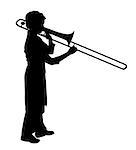 Illustration of a young female playing trombone. Isolated white background. EPS file available.