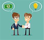 Two businessmen shaking hands to seal an agreement. Vector illustration for business design and infographic