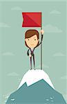 Woman with flag on a Mountain peak, Business success concept