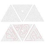 Three different complicated triangle labyrinths with red path of solution isolated on white.
