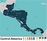 Vector map of Central America with countries, big cities and icons