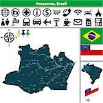 Vector map of region of Amazonas with cities, flags and location on Brazilian map