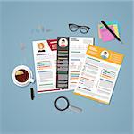 Cv set in flat style with things for recruitment. Resume of different people on desk to choose the right employee for your post. The concept of hiring for work.