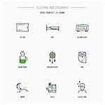 Sleep and dreams icon set. Line style thin and thick outlines vector. Pillow, owl, bed, dreamcatcher, tea and other objects related to sleep and elements. Pixel perfect 64x64 pixels icons.