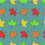 Pattern with cute colorful hand drawn maple leaves on blue background