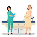 Pregnant woman on reception at the doctor. Patient on reception in the office of a dentist. Vector illustration of a flat design. on white background.