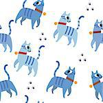 Blue cats pattern seamless. Cats and footprints in blue and dark blue colors. Baby textile print