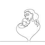 Logo with mother holding her baby with heart shape. Continuous line art vector illustration