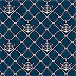 Nautical rope seamless fishnet pattern with anchors on white or dark blue background, cord grid