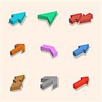 Multicolored arrows of various shapes with shadow, isolated on white background. Flat 3D isometric style, vector illustration.