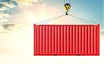 Crane hook and red cargo container on sky background. 3d illustration