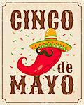 Vector vintage poster for Cinco de Mayo with chili pepper. Chili pepper in sombrero.