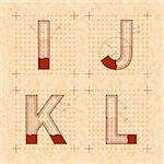 Medieval inventor sketches of I J K L letters. Retro style font on old yellow textured paper