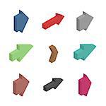 Multicolored arrows of various shapes, isolated on white background. Flat 3D isometric style, vector illustration.