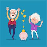 Senior people with golden piggy bank. Grandparents keep their savings in the piggy bank. Pension concept.