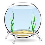 Fishbowl for fish with blue water, algae and bubbles on the stand. Aquarium on a white background. Vector cartoon illustration.