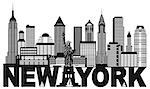 New York City Skyline with Statue of Liberty and text Black and White Outline Illustration