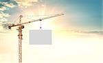 The tower crane lifts the white plate. An empty space for your content. Beautiful sunset or sunrise in the background