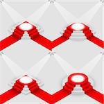 Set of scene with red carpet, illuminated by spotlights rays. Square and round pedestal for the awards ceremony. 3D isometric style, vector illustration.