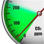 illustration of a carbon dioxide gauge with green marked area, symbol for low emission, eps10 vector