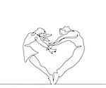 Continuous line drawing. Two people couple make heart in jump. Vector illustration