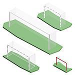 Gate of different size and shapes for playing soccer, isolated on white background. Design of sports equipment elements. Flat 3d isometric style, vector illustration.
