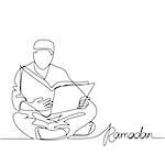 Man in fez reading Koran. Continuous line drawing vector illustration