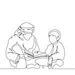 Man and boy reading Koran. Continuous line drawing vector illustration