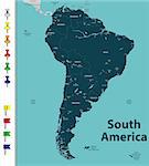 Vector map of South America with countries, big cities and icons