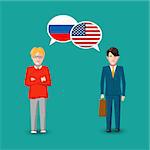 Two people with white speech bubbles with Russia and USA flags. Language study conceptual illustration