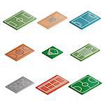 Set of icons playgrounds football, soccer, basketball, baseball, ice hockey, volleyball, handball and tennis. Design element of sports objects. Flat 3d isometric style, vector illustration.