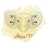 Hand drawn line art of decorative zodiac sign Aries on white background. Horoscope vintage card in doodle style with handwritten word.