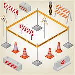 Set of road signs repairs isolated on white background. Design elements for reconstruction. Flat 3D isometric style, vector illustration.