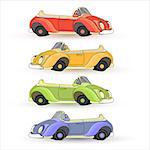 Vector set of  colorful Toy Cars isolated on white background. Collection of funny cartoon cabriolets. Retro toy Car. Side view. Automobile.