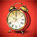 Red retro style alarm clock on red background. Vector illustration.