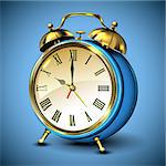 Metal retro style alarm clock on blue background. Vector illustration.