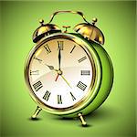 Green retro style alarm clock on green background. Vector illustration.