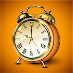 Orange retro style alarm clock on orange background. Vector illustration.