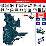 Vector map of regions of Quebec (Canada) with lakes, cities and travel icons.