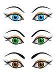 Set of cartoon female eyes blue, brown and green colors. Vector illustration