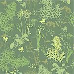 Seamless pattern of  silhouette various herbs on green background.