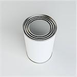 Metal tin can with white paper label on gray background. 3d illustration. Top view