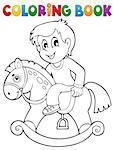 Coloring book boy on rocking horse - eps10 vector illustration.