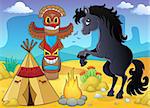 Horse in Native American campsite - eps10 vector illustration.