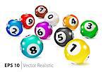 Vector Colorful Bingo balls lie in random order. Lottery Number Balls. Colored balls isolated. Bingo ball. Bingo balls with numbers. Realistic vector. Vector isolated illustration.