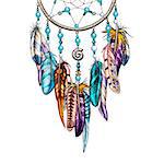 Hand drawn ornate Dreamcatcher with feathers, gemstones. Astrology, spirituality symbol. Ethnic tribal element.