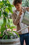 Young man watering plant in container, with watering can