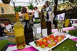 Group of people at garden party, holding wine glasses, making a toast, focus on row of wine bottles in foreground