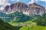 Scenic overview of the township of Corvara in the Dolomites in South Tyrol, Italy